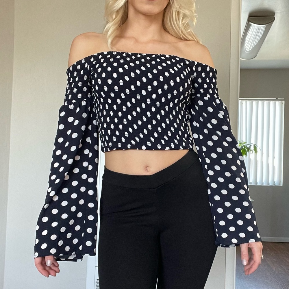 Black/White Polka Dot Long Sleeve Off Shoulder Blouse